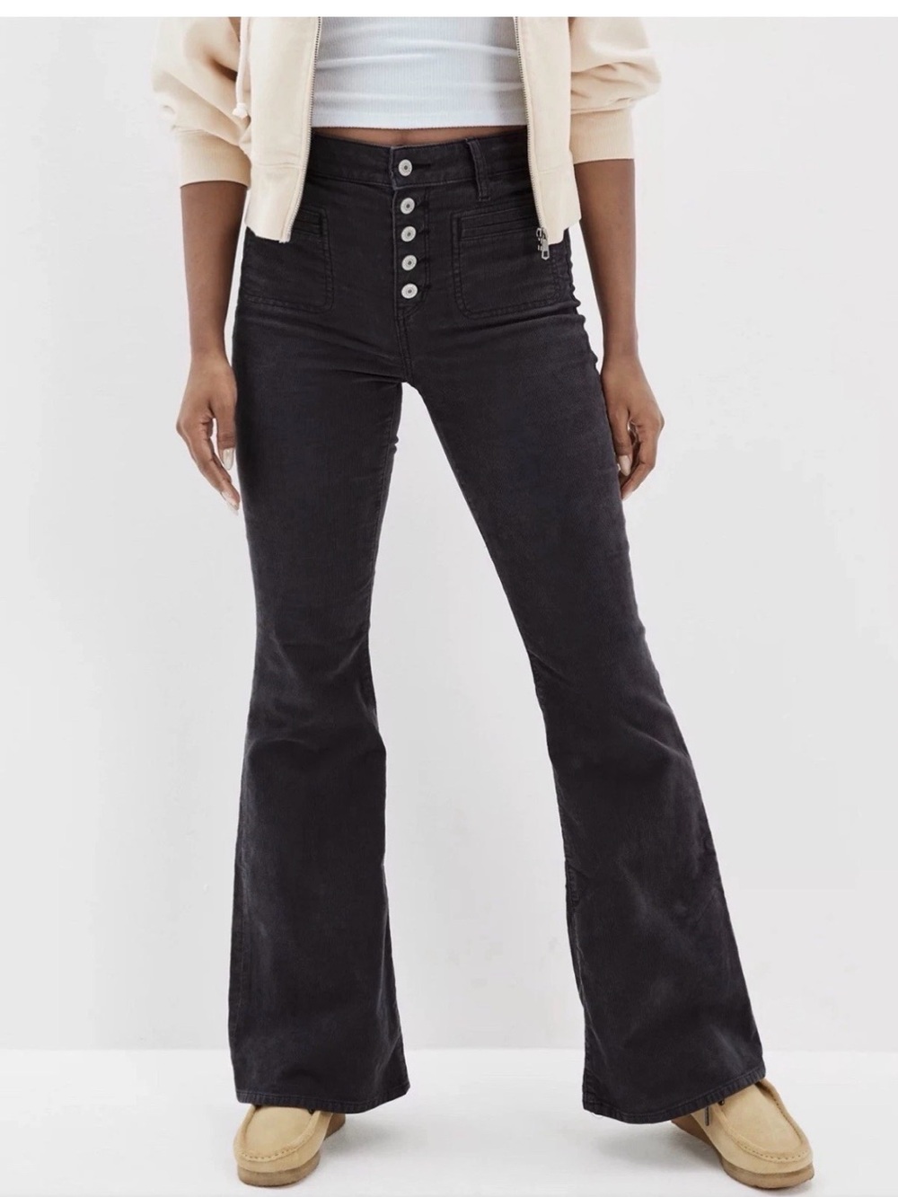 AE American Eagle Corduroy Super High-Waisted Flare Pant GREY size 6 (14" x 29")
